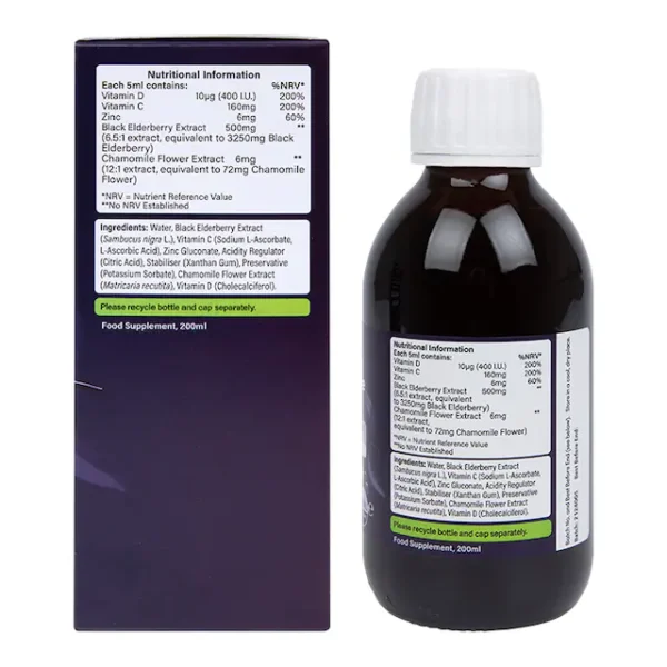 Holland & Barrett Elderberry Night time with Vitamin C&D, Zinc & Chamomile 200ml Liquid - Image 3